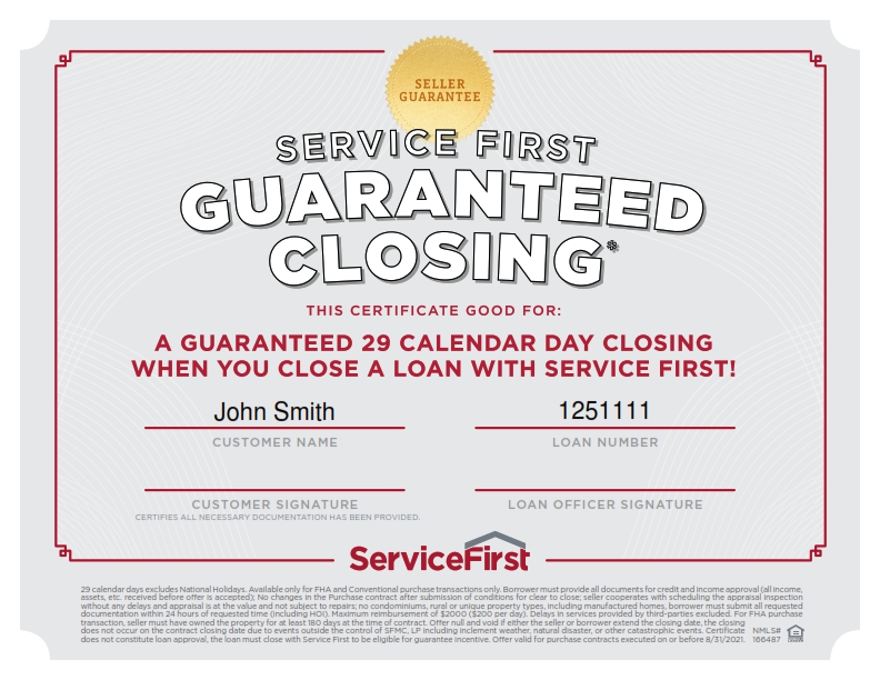 29 Day Guaranteed Closing Certificate